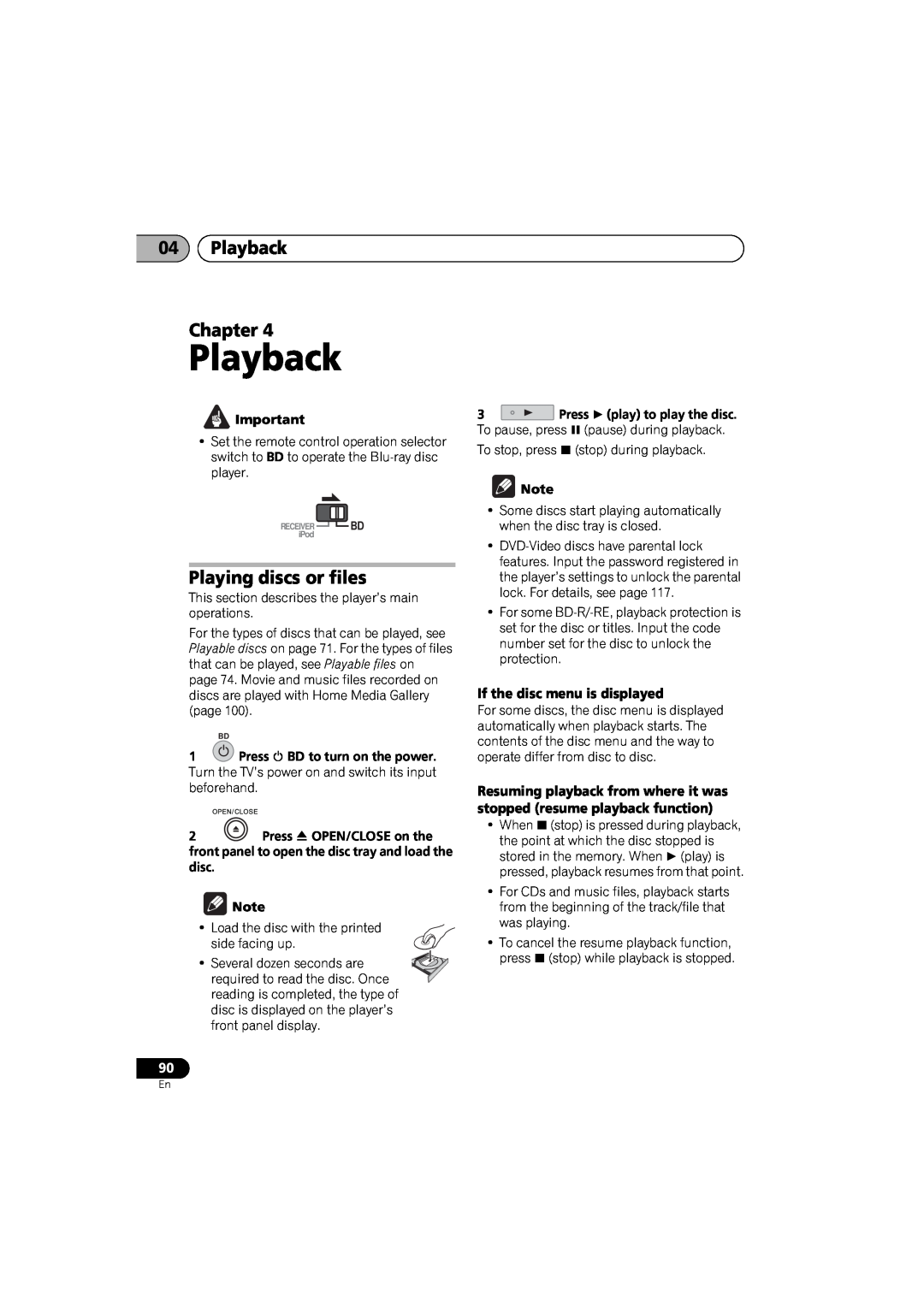 Pioneer SX-LX03 manual Playback Chapter, Playing discs or files, If the disc menu is displayed 