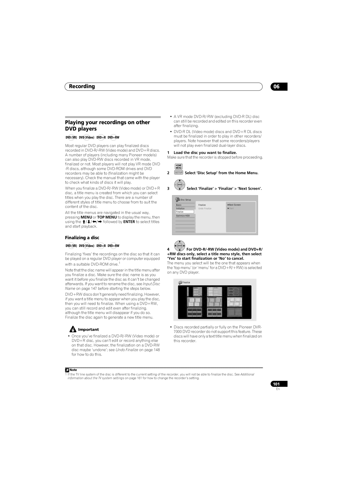 Pioneer SX-LX70SW Recording Playing your recordings on other DVD players, Finalizing a disc, DVD VR DVD Video DVD+R DVD+RW 