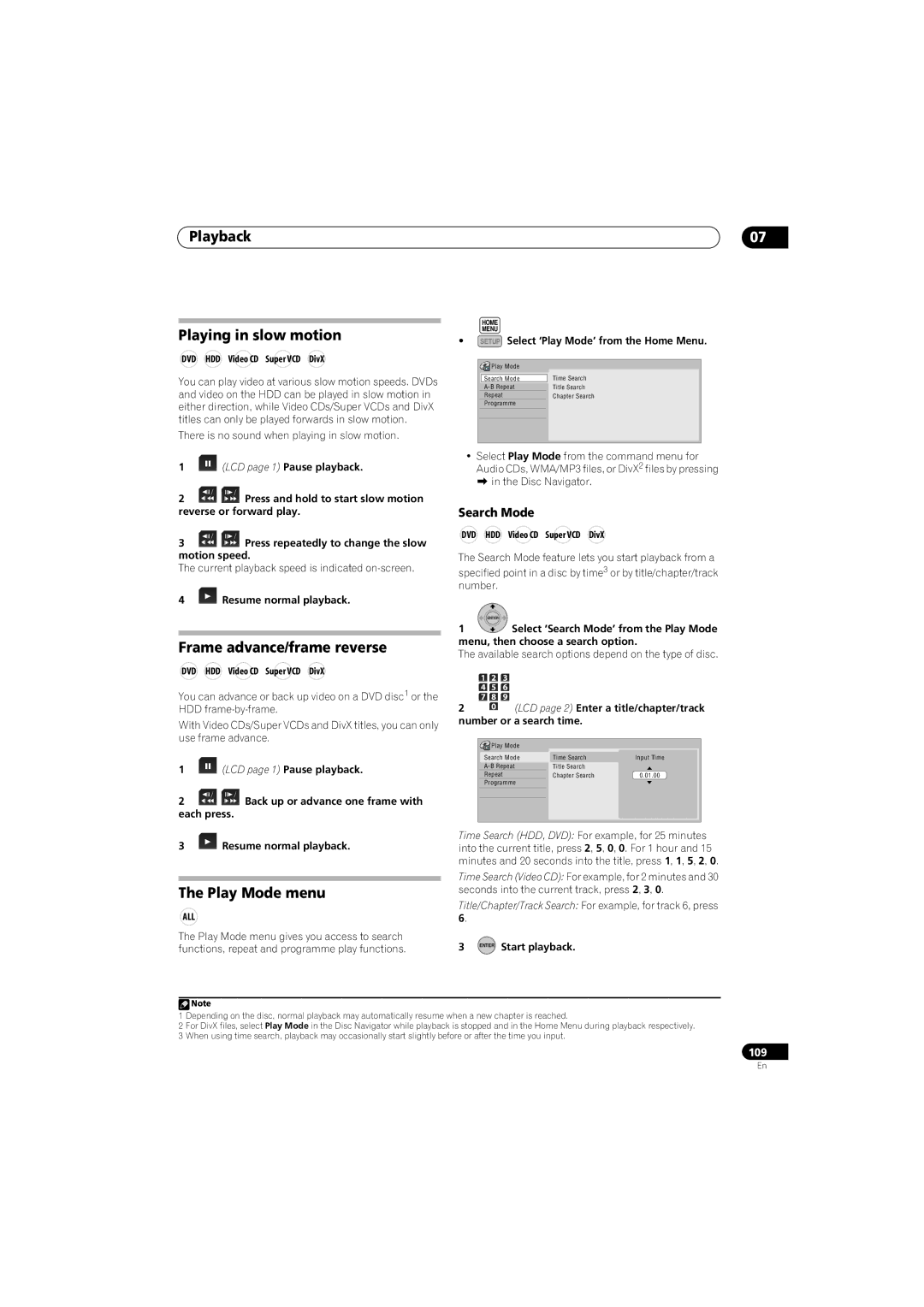 Pioneer SX-LX70SW manual Playback Playing in slow motion, Frame advance/frame reverse, Play Mode menu, Search Mode 