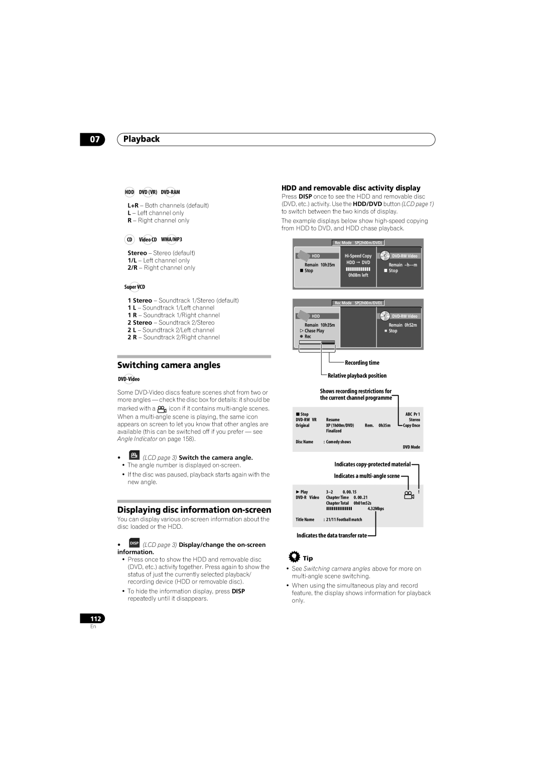 Pioneer SX-LX70SW Switching camera angles, Displaying disc information on-screen, HDD and removable disc activity display 