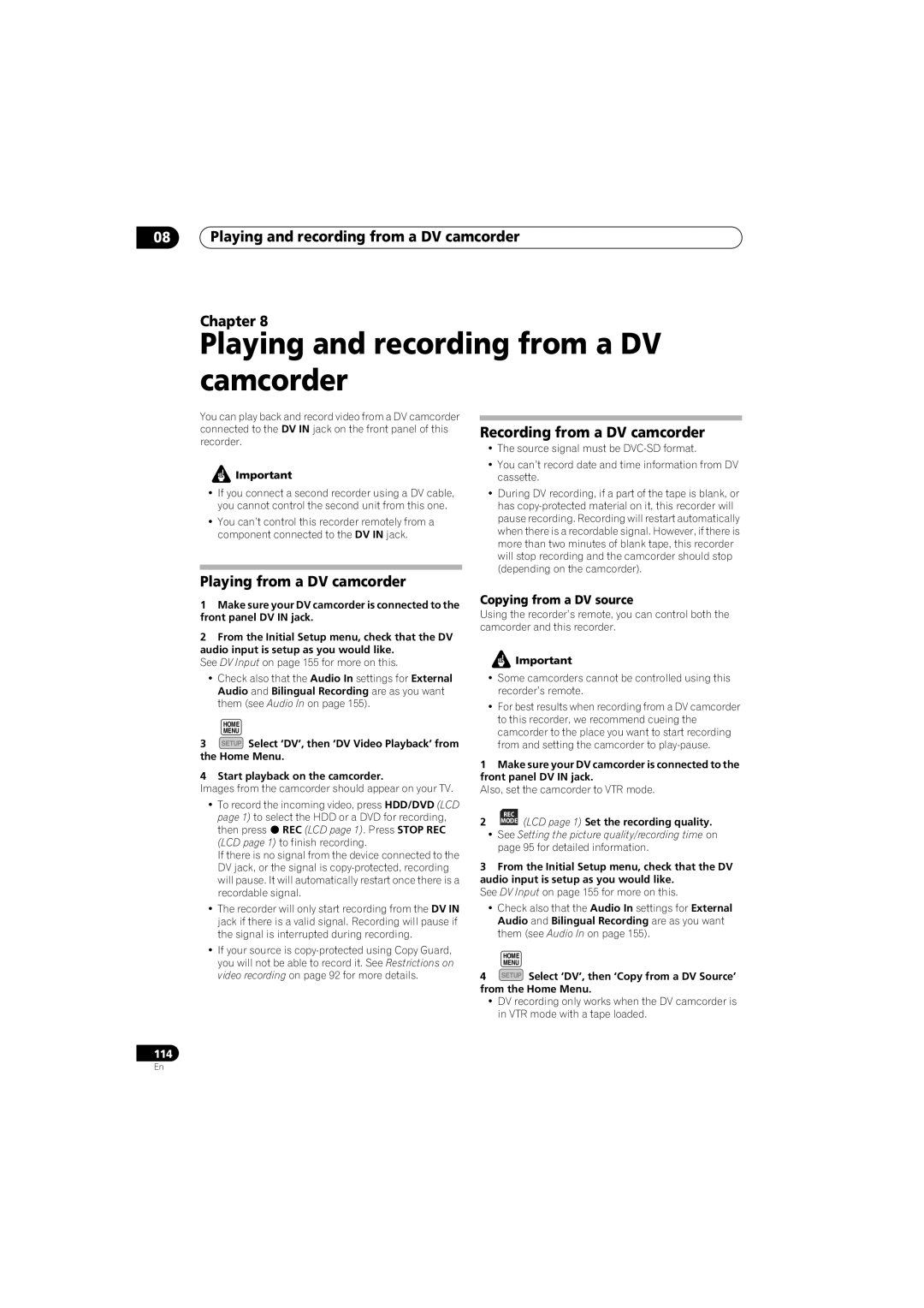 Pioneer SX-LX70SW manual Playing and recording from a DV camcorder Chapter, Recording from a DV camcorder 