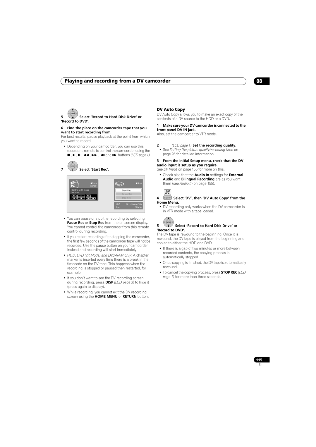 Pioneer SX-LX70SW manual Playing and recording from a DV camcorder, DV Auto Copy, ‘Record to DVD’ 