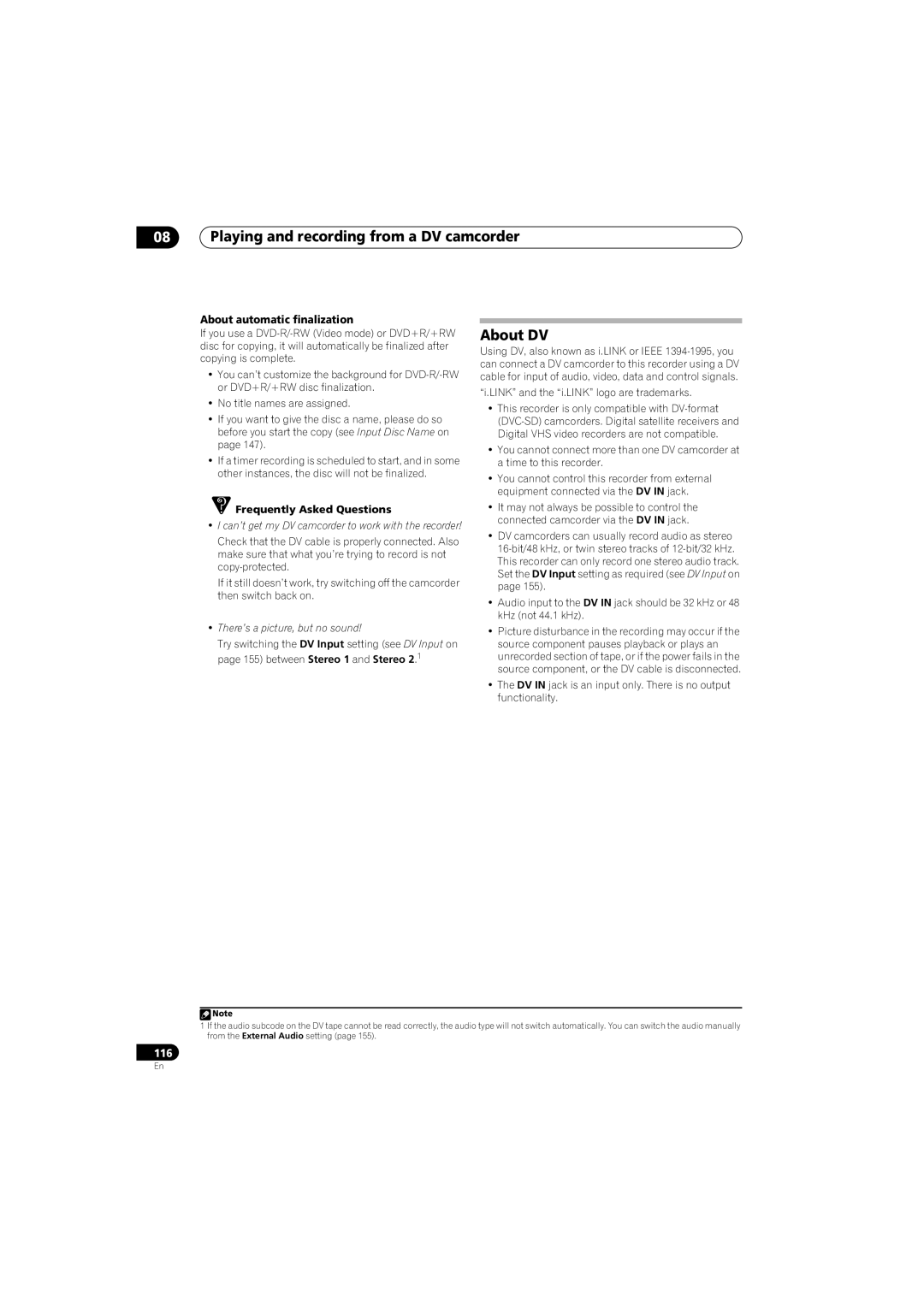 Pioneer SX-LX70SW manual About DV, About automatic finalization, There’s a picture, but no sound 