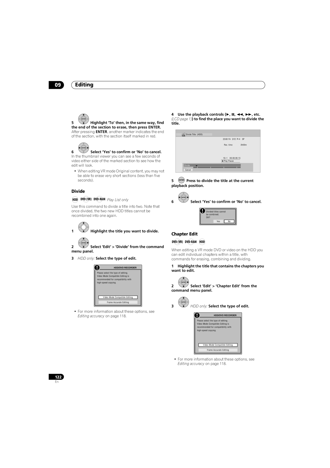 Pioneer SX-LX70SW manual Divide, Chapter Edit, Dvd Vr Dvd-Ram Hdd 