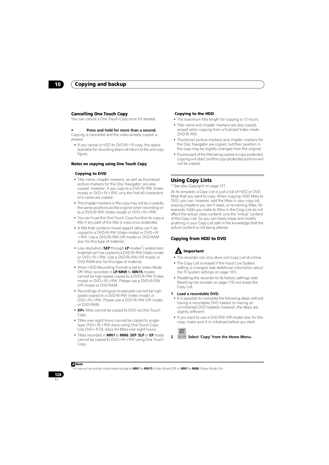 Pioneer SX-LX70SW manual Copying and backup, Using Copy Lists, Cancelling One Touch Copy, Copying from HDD to DVD 