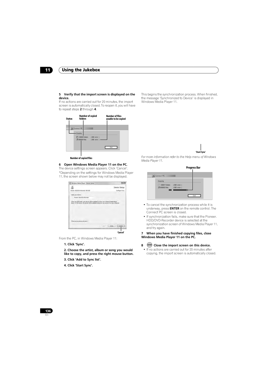 Pioneer SX-LX70SW Using the Jukebox, Progress Bar, Verify that the import screen is displayed on the device, Click ‘Sync’ 