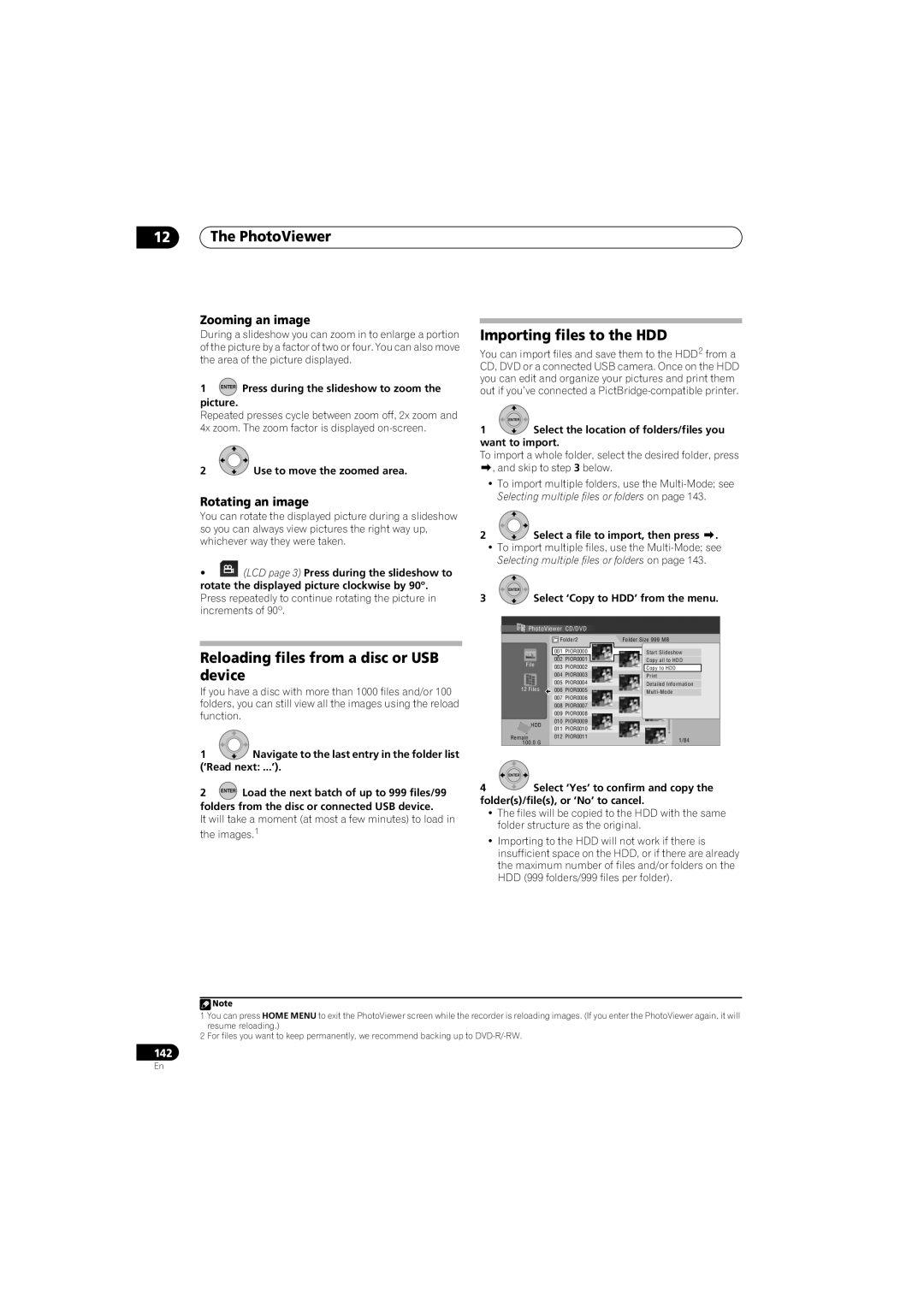 Pioneer SX-LX70SW PhotoViewer, Reloading files from a disc or USB device, Importing files to the HDD, Zooming an image 