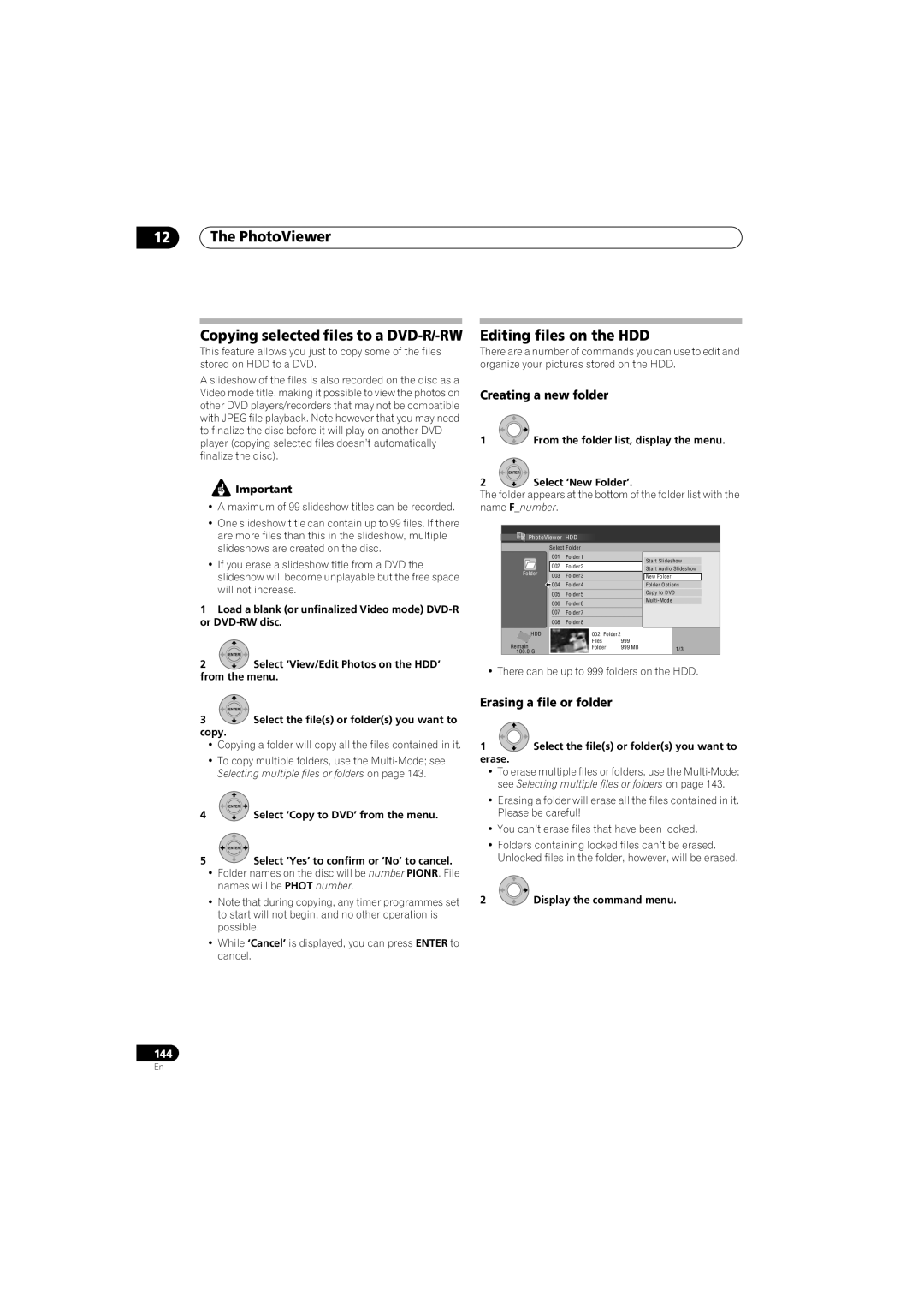 Pioneer SX-LX70SW manual PhotoViewer Copying selected files to a DVD-R/-RW, Editing files on the HDD, Creating a new folder 