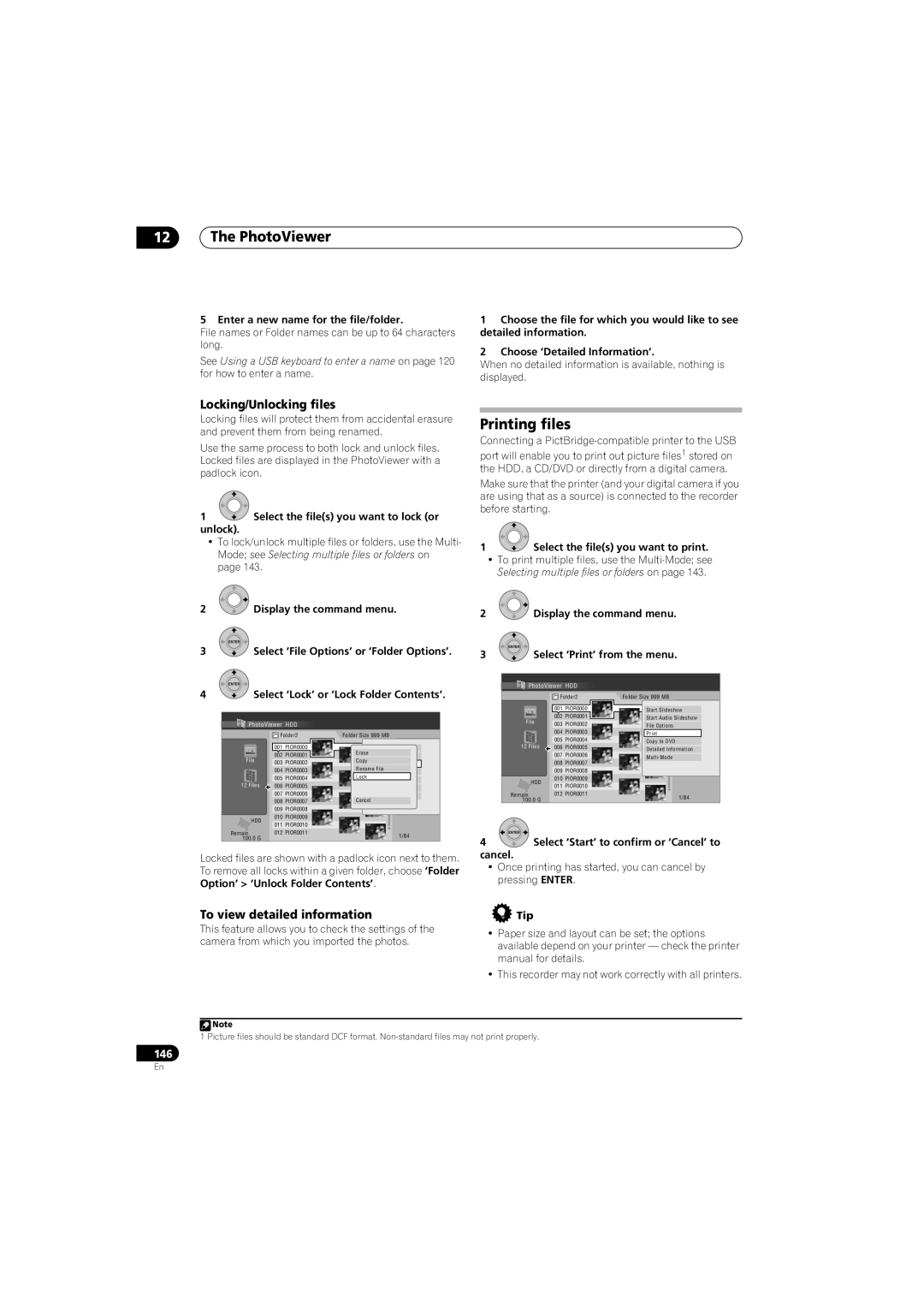 Pioneer SX-LX70SW manual Printing files, Locking/Unlocking files, To view detailed information 