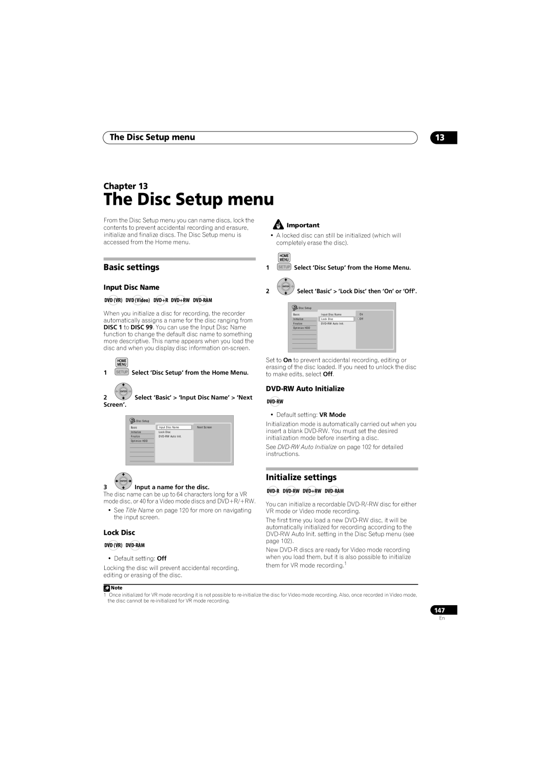 Pioneer SX-LX70SW manual Disc Setup menu Chapter, Basic settings, Initialize settings 