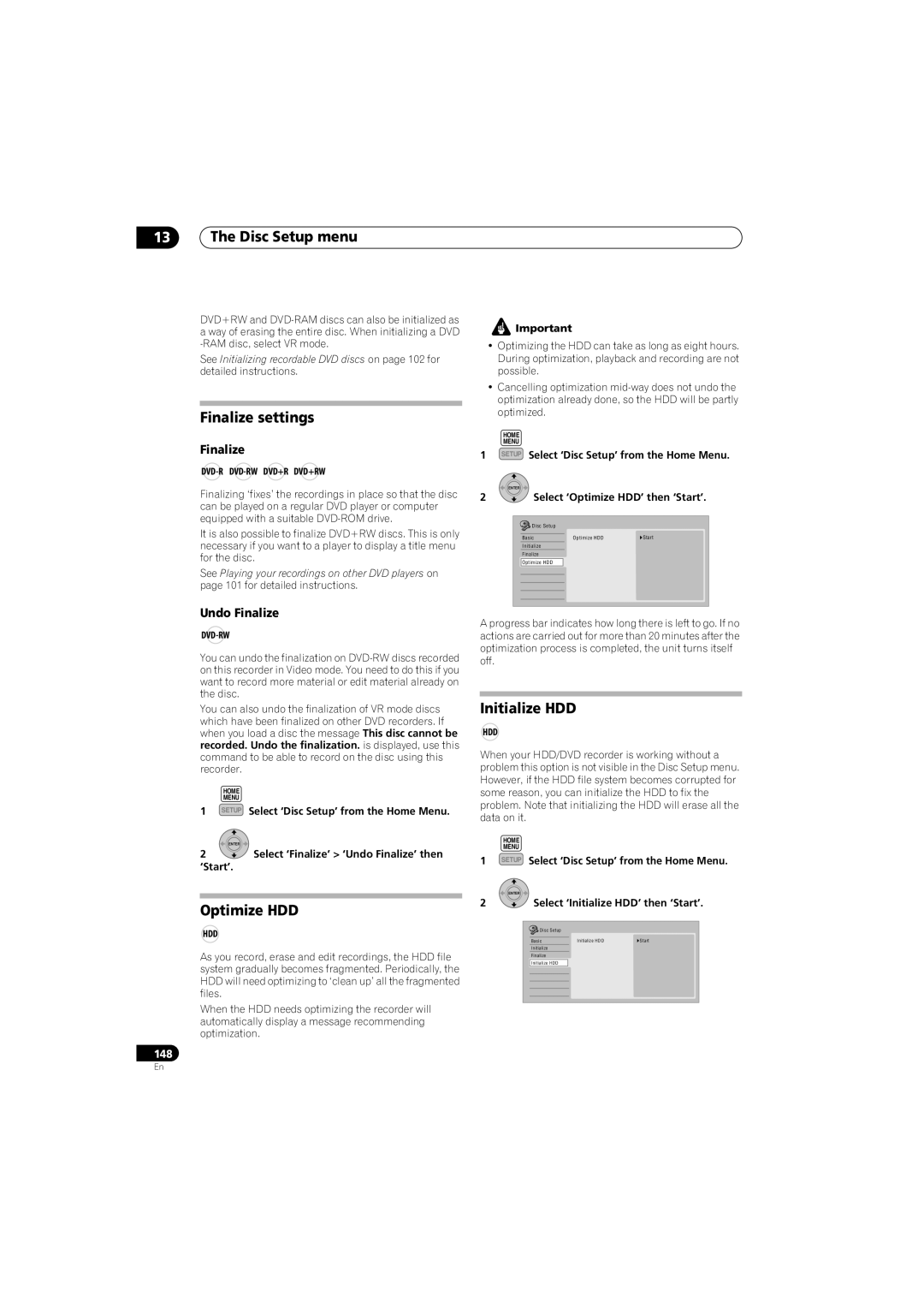 Pioneer SX-LX70SW manual Disc Setup menu, Finalize settings, Optimize HDD, Initialize HDD 