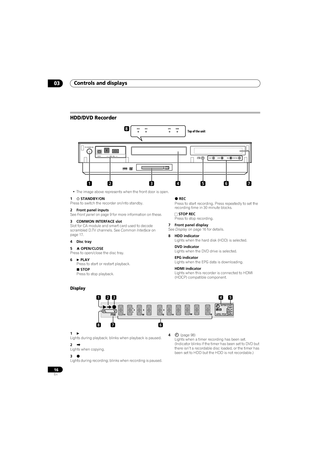 Pioneer SX-LX70SW manual Controls and displays HDD/DVD Recorder 