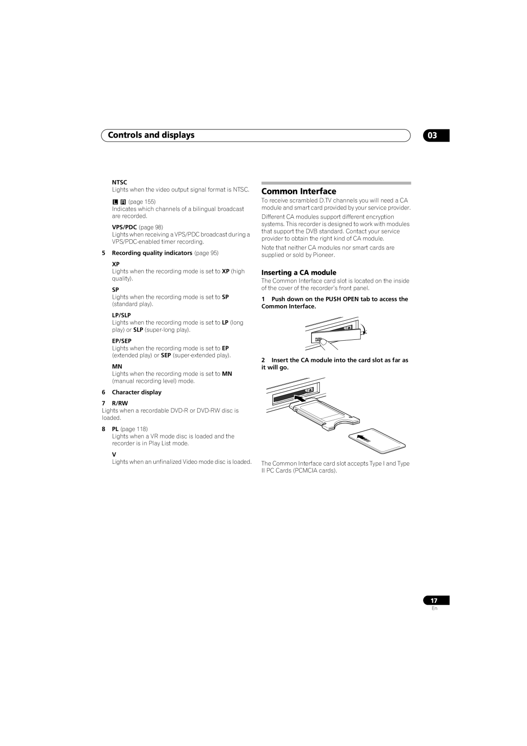 Pioneer SX-LX70SW manual Common Interface, Inserting a CA module, Ntsc, Lp/Slp, Ep/Sep 