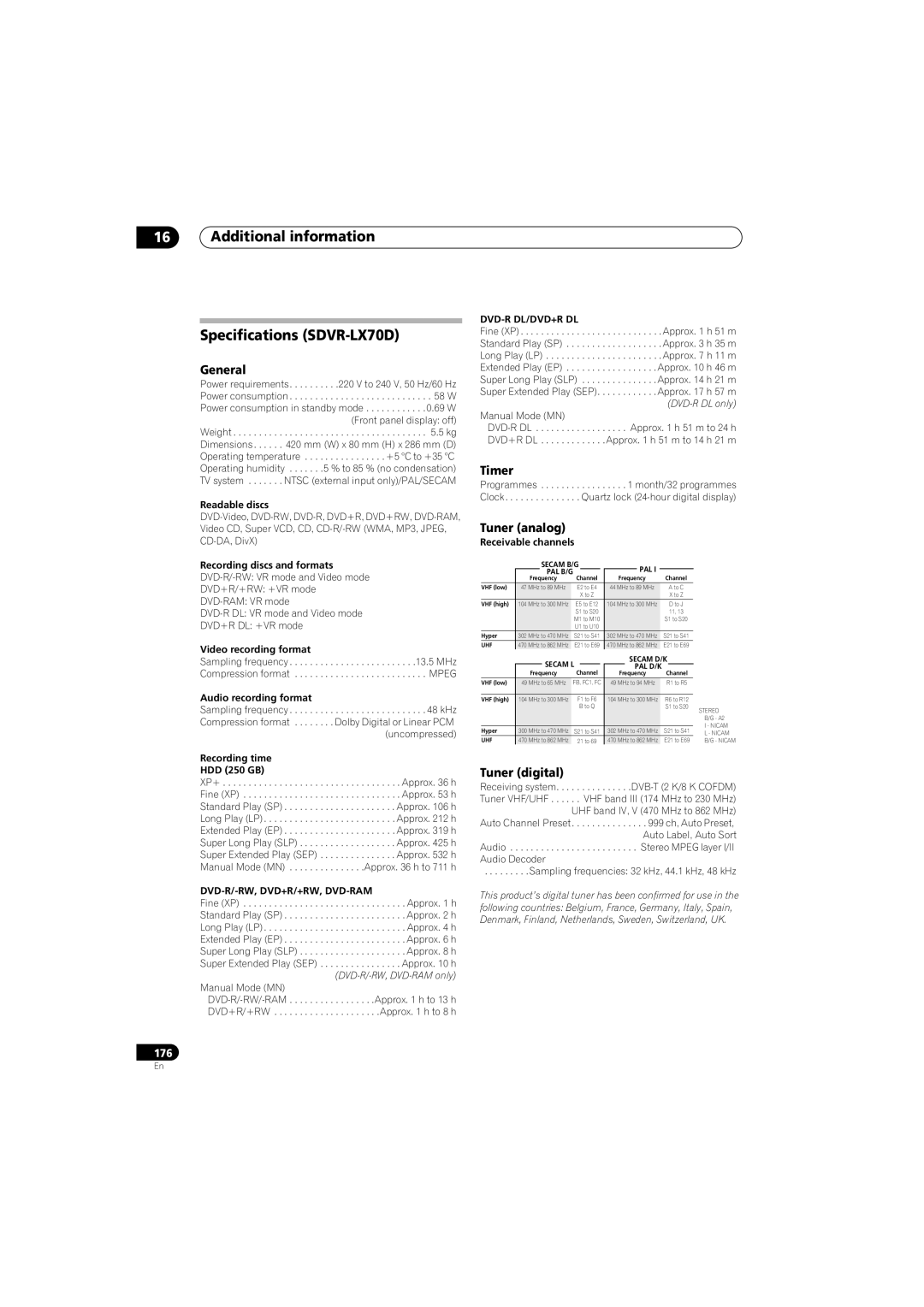 Pioneer SX-LX70SW manual Additional information Specifications SDVR-LX70D, Timer, Tuner analog, Tuner digital 