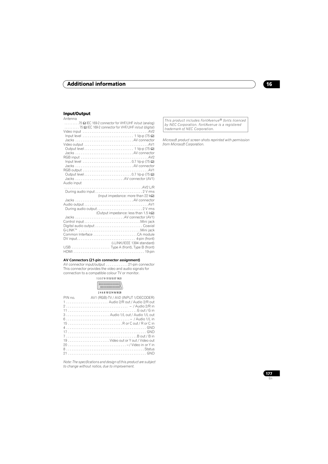 Pioneer SX-LX70SW manual Input/Output, Antenna, Audio input, AV Connectors 21-pin connector assignment, PIN no 