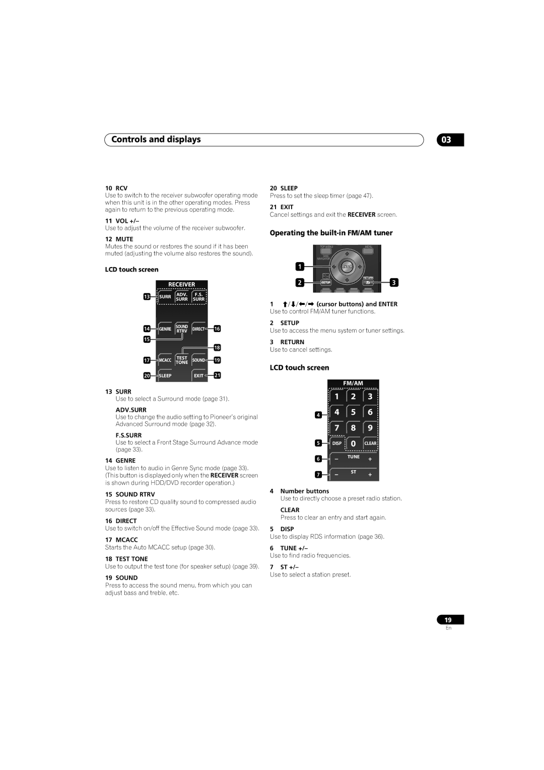 Pioneer SX-LX70SW manual Operating the built-in FM/AM tuner, LCD touch screen 