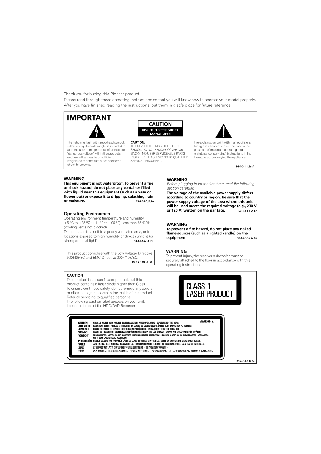 Pioneer SX-LX70SW manual Operating Environment, Risk of Electric Shock Do not Open 