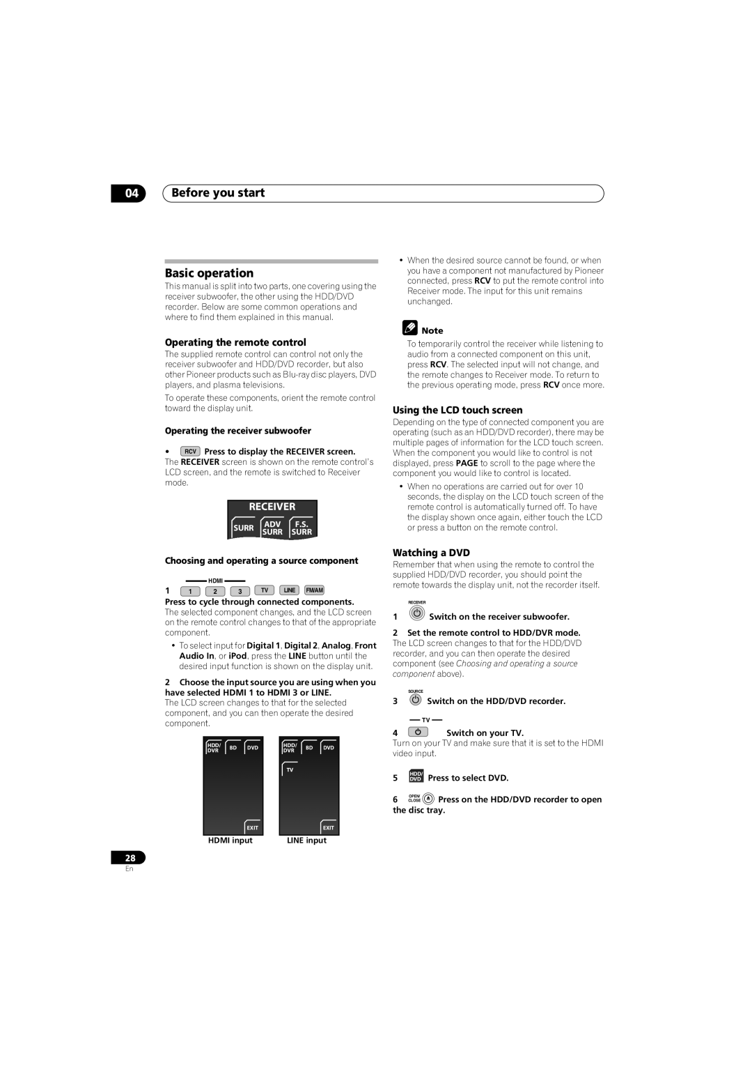 Pioneer SX-LX70SW manual Before you start Basic operation, Operating the remote control, Using the LCD touch screen 