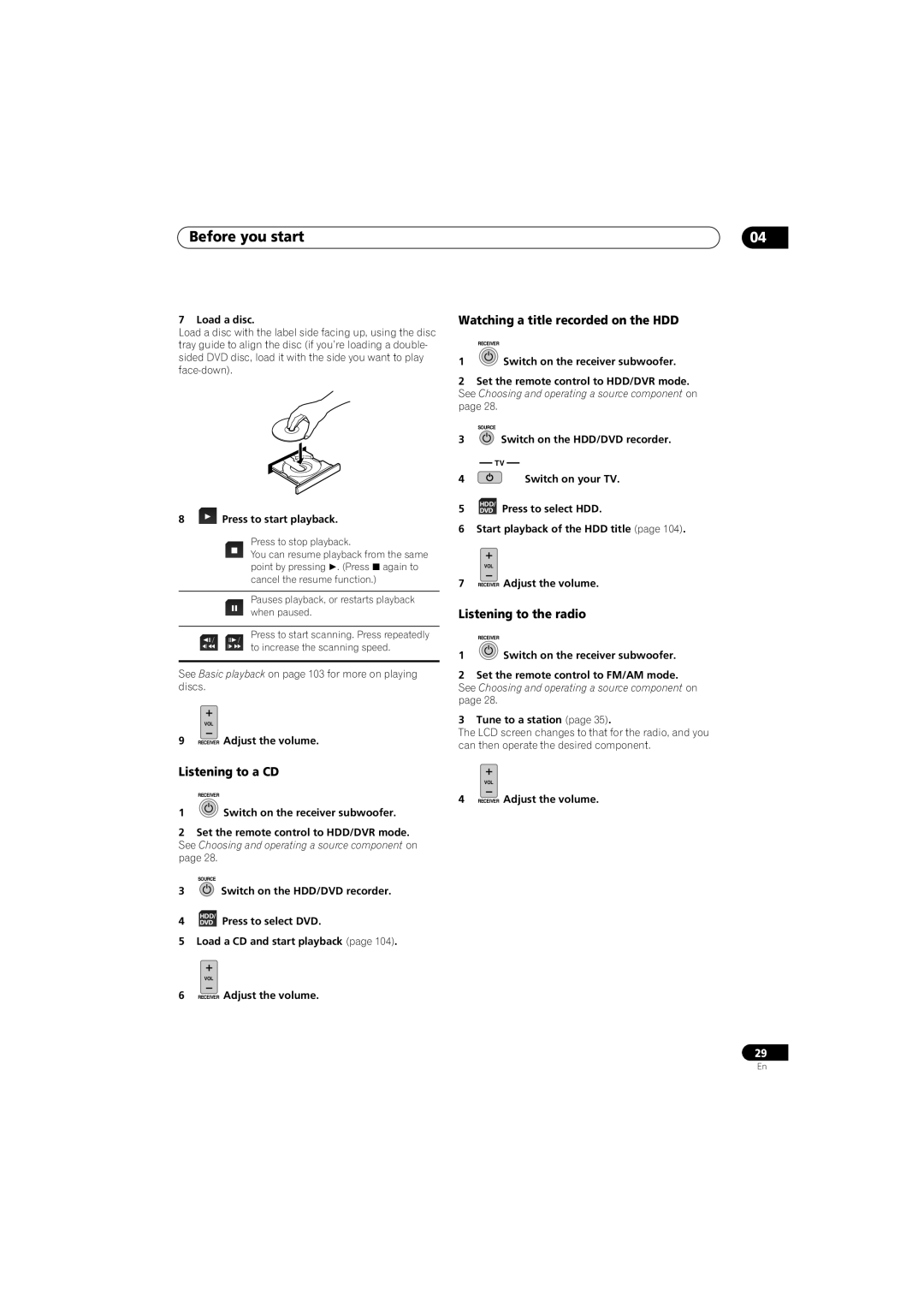 Pioneer SX-LX70SW manual Before you start, Watching a title recorded on the HDD, Listening to the radio, Listening to a CD 