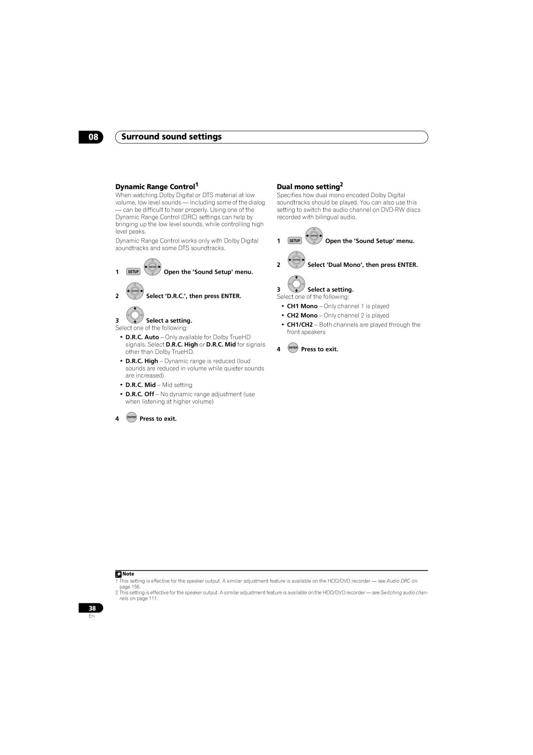 Pioneer SX-LX70SW manual Dynamic Range Control1, Dual mono setting2, Select ‘D.R.C.’, then press Enter, Select a setting 