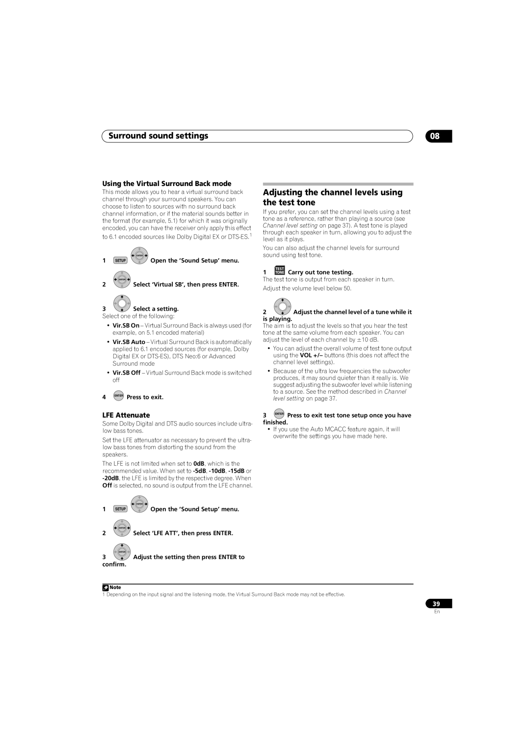 Pioneer SX-LX70SW Adjusting the channel levels using the test tone, Using the Virtual Surround Back mode, LFE Attenuate 