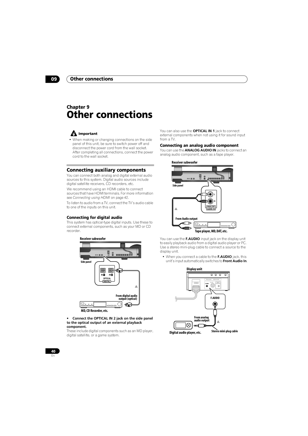 Pioneer SX-LX70SW manual Other connections Chapter, Connecting auxiliary components, Connecting for digital audio 