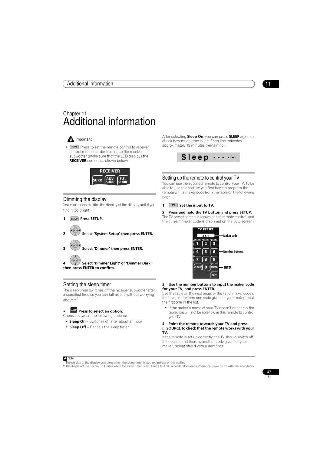 Pioneer SX-LX70SW manual Additional information Chapter, Dimming the display, Setting up the remote to control your TV 