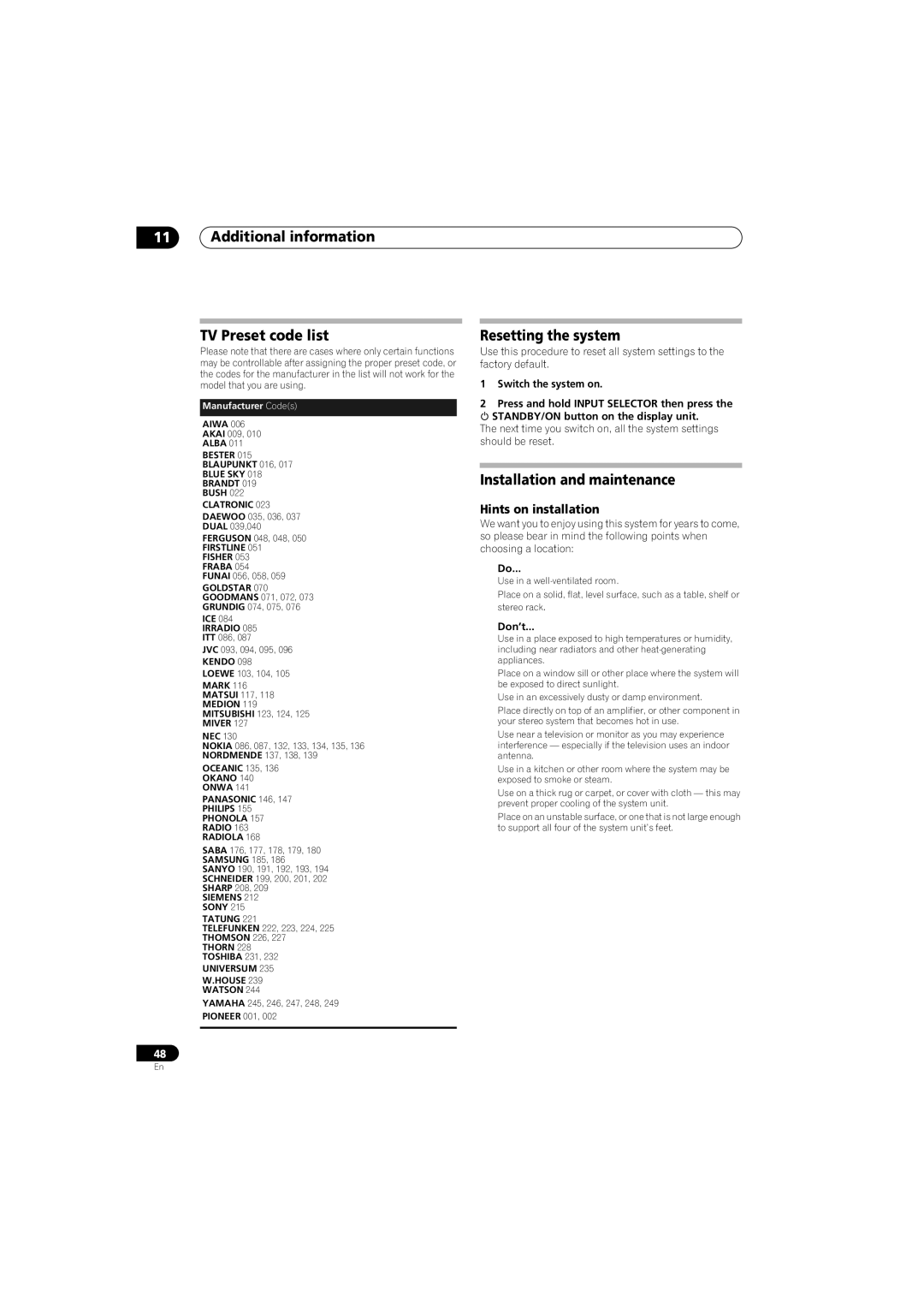 Pioneer SX-LX70SW Additional information TV Preset code list, Resetting the system, Installation and maintenance, Don’t 