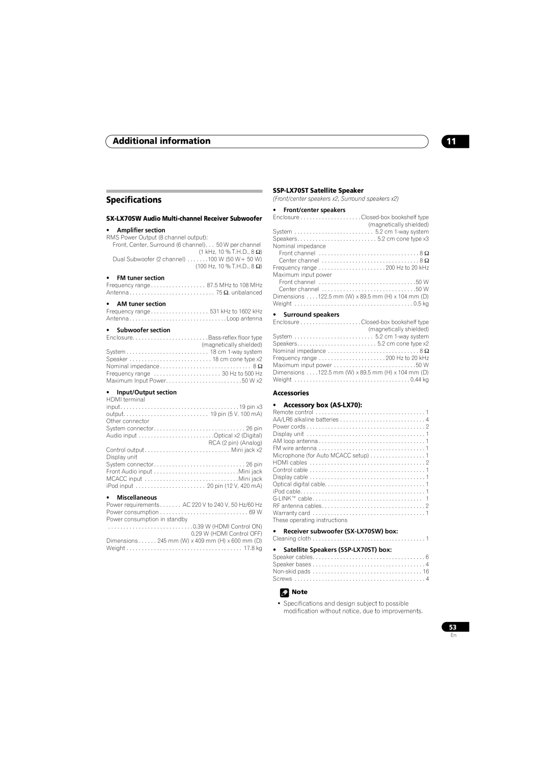 Pioneer SX-LX70SW Additional information Specifications, SSP-LX70ST Satellite Speaker, Accessories Accessory box AS-LX70 