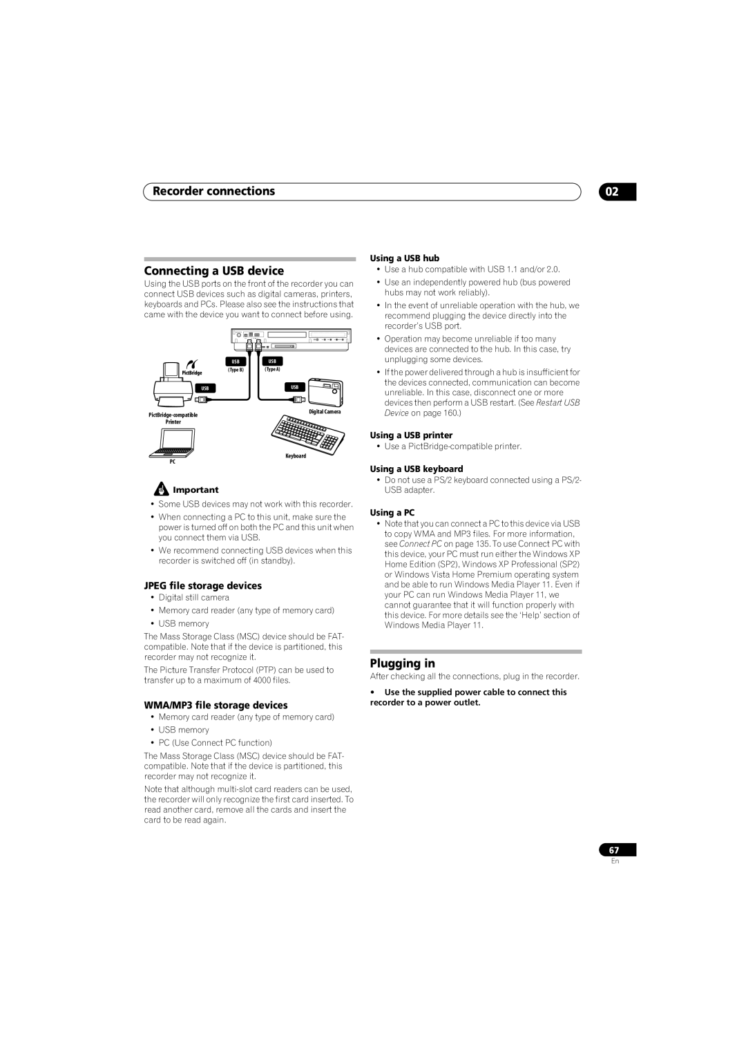 Pioneer SX-LX70SW manual Recorder connections Connecting a USB device, Plugging, Jpeg file storage devices 