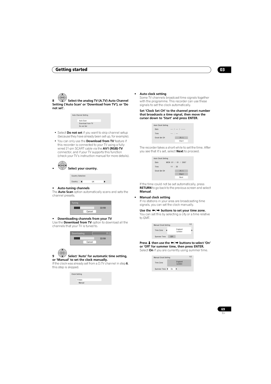 Pioneer SX-LX70SW manual Getting started, Select ‘Auto’ for automatic time setting 