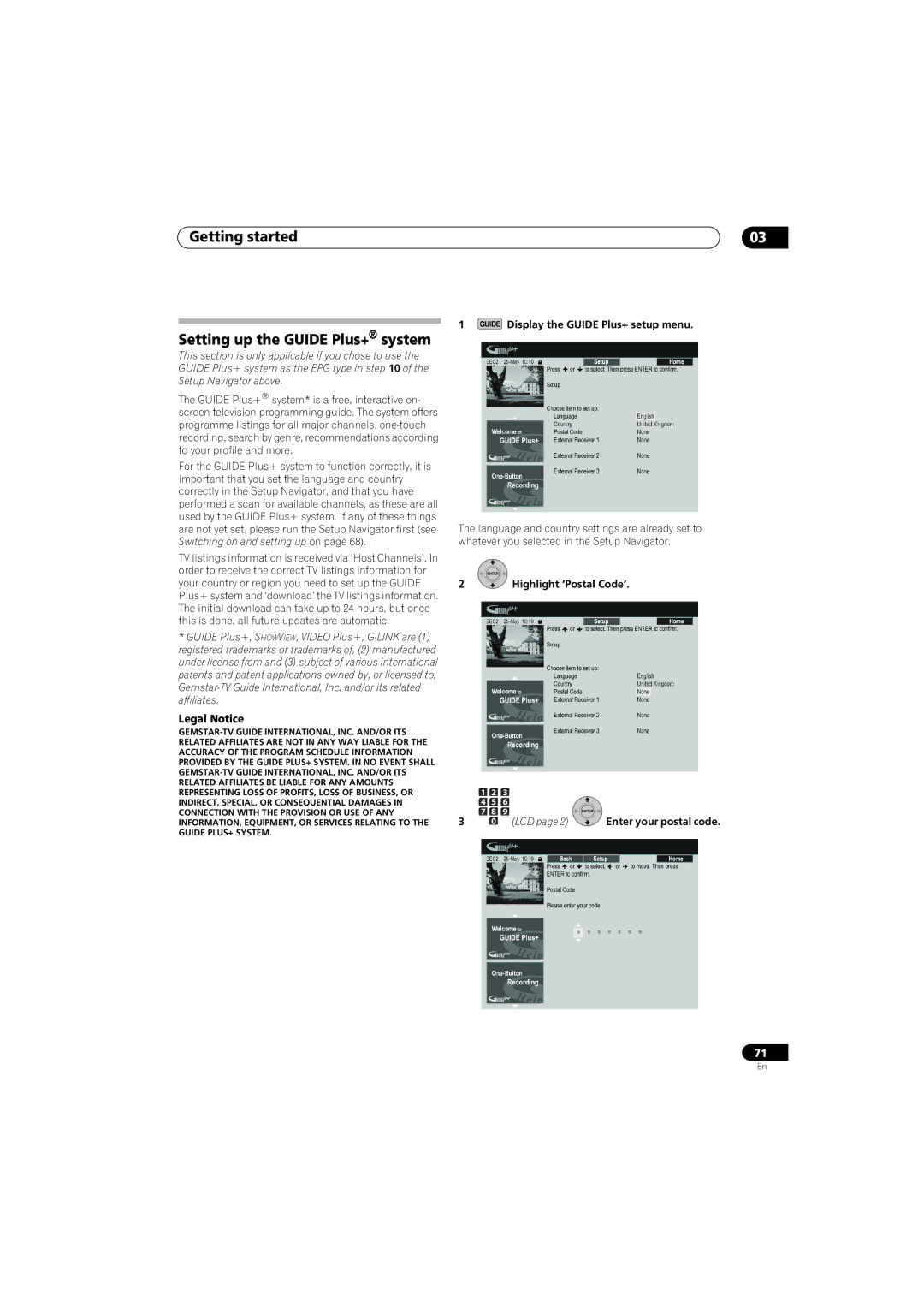 Pioneer SX-LX70SW manual Getting started Setting up the Guide Plus+ system, Legal Notice, Highlight ‘Postal Code’ 