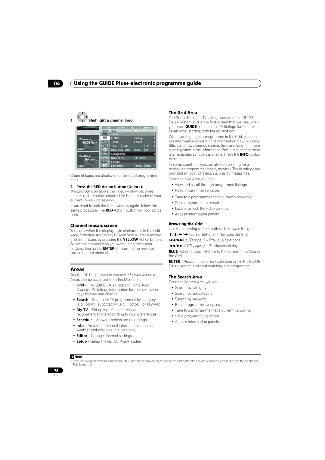 Pioneer SX-LX70SW manual Areas, Grid Area, Channel mosaic screen, Search Area, Browsing the Grid 