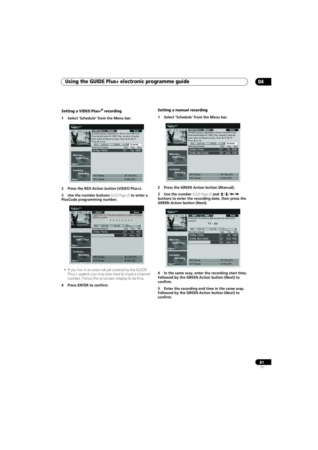 Pioneer SX-LX70SW Setting a Video Plus+ recording, Setting a manual recording, Select ‘Schedule’ from the Menu bar 