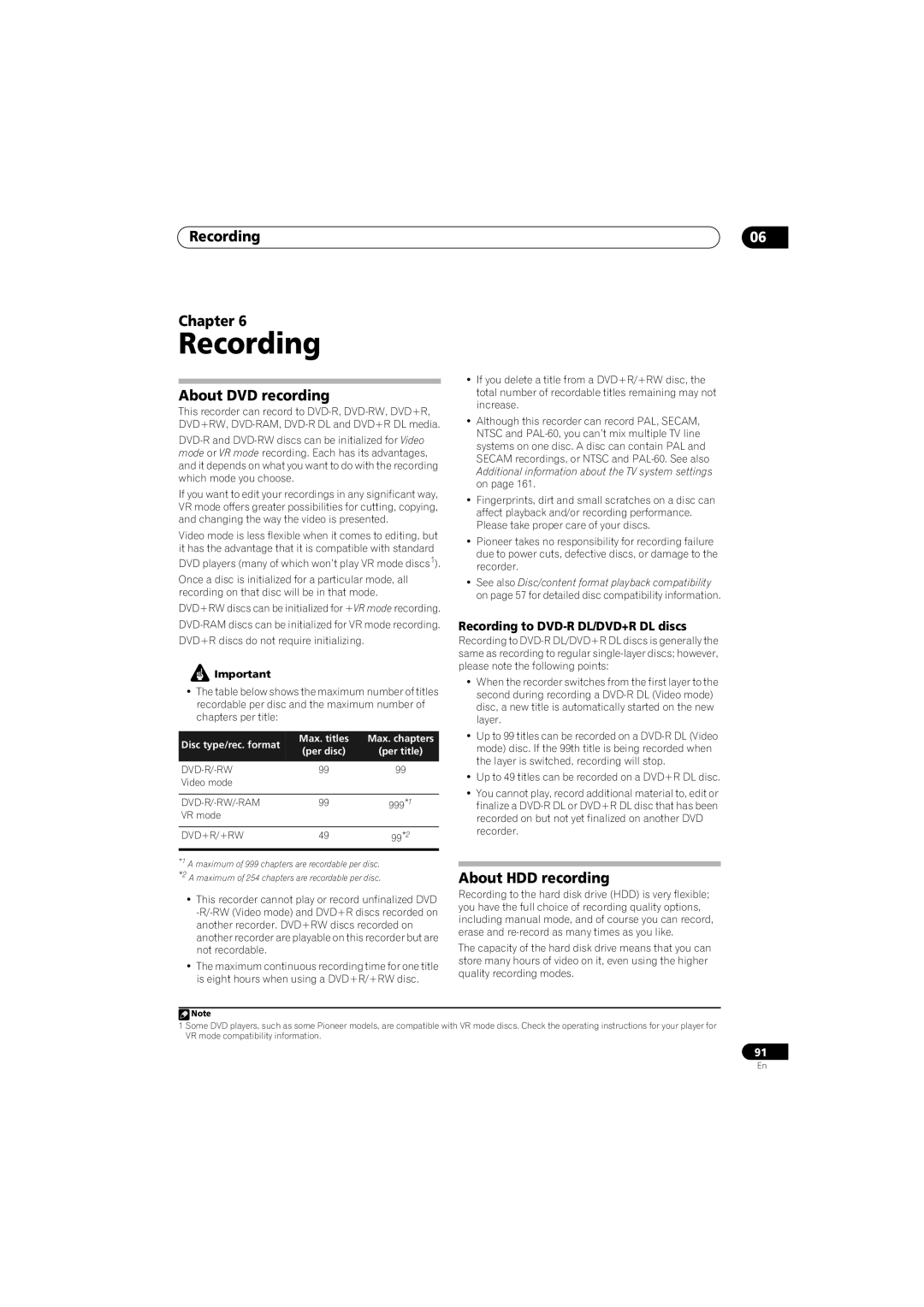 Pioneer SX-LX70SW Recording Chapter, About DVD recording, About HDD recording, Recording to DVD-R DL/DVD+R DL discs 