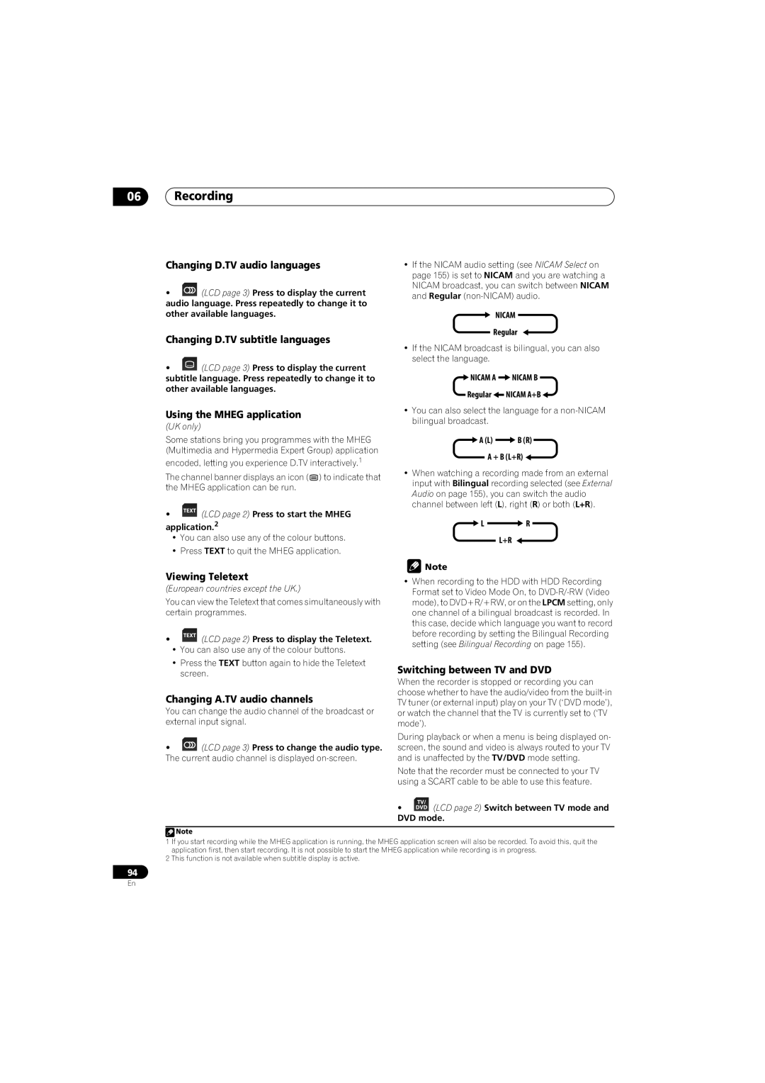 Pioneer SX-LX70SW manual Changing D.TV audio languages, Changing D.TV subtitle languages, Using the Mheg application 