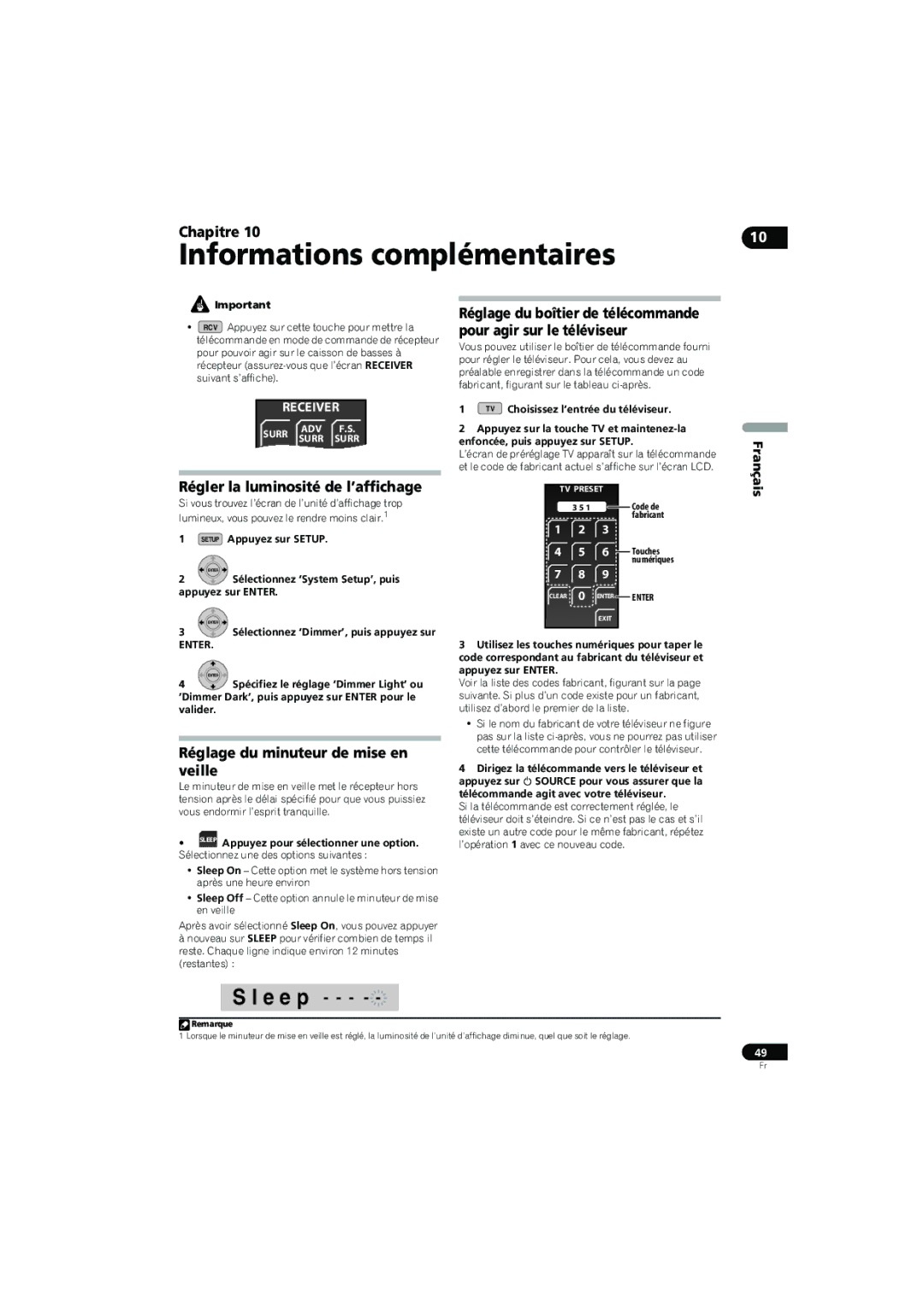 Pioneer SX-LX70SW operating instructions Informations complémentaires, Régler la luminosité de l’affichage 