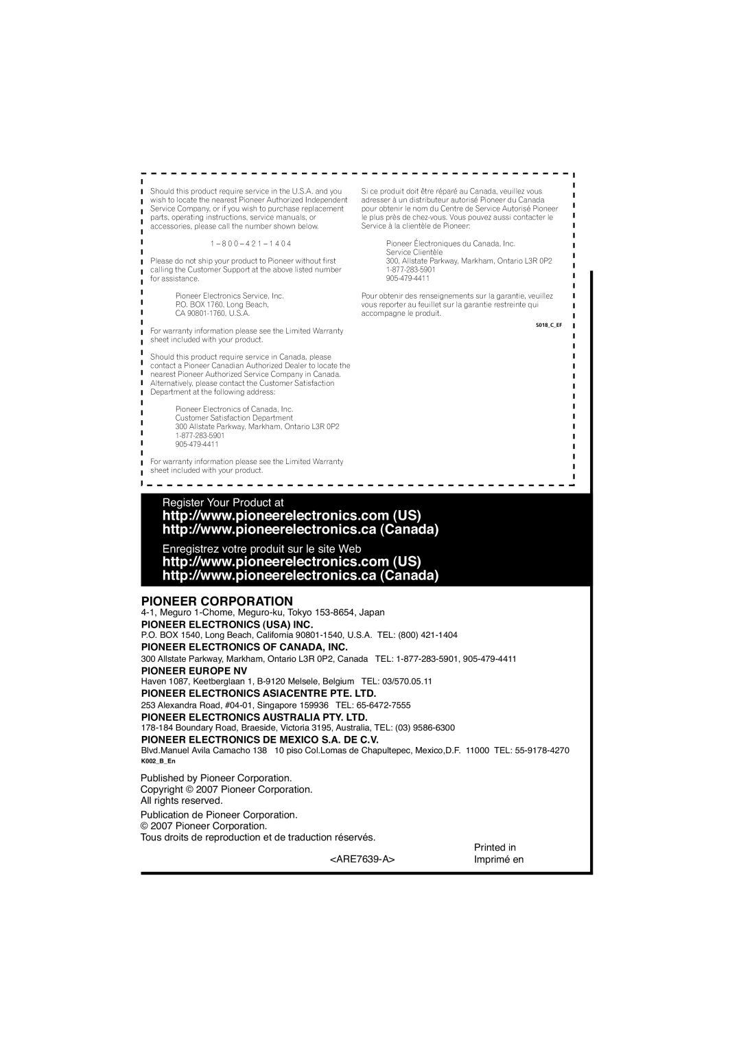 Pioneer SX-LX70SW operating instructions Pioneer Corporation 