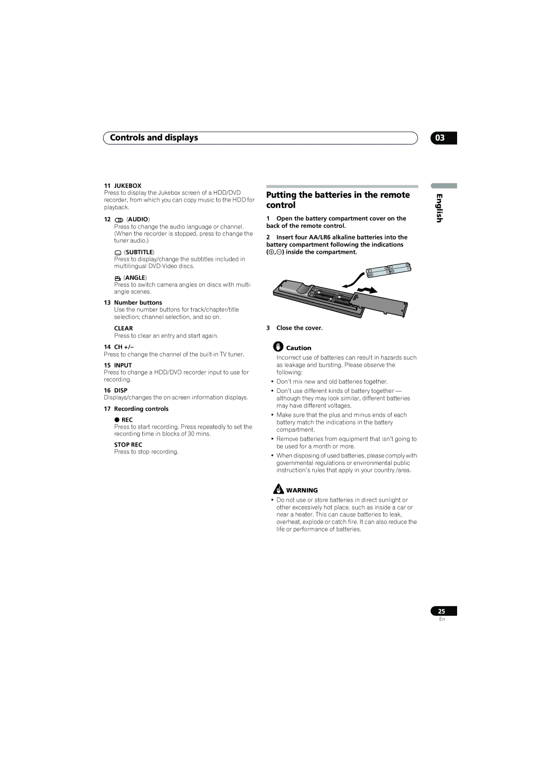 Pioneer SX-LX70SW operating instructions Putting the batteries in the remote control, Jukebox,  Rec, Stop REC 