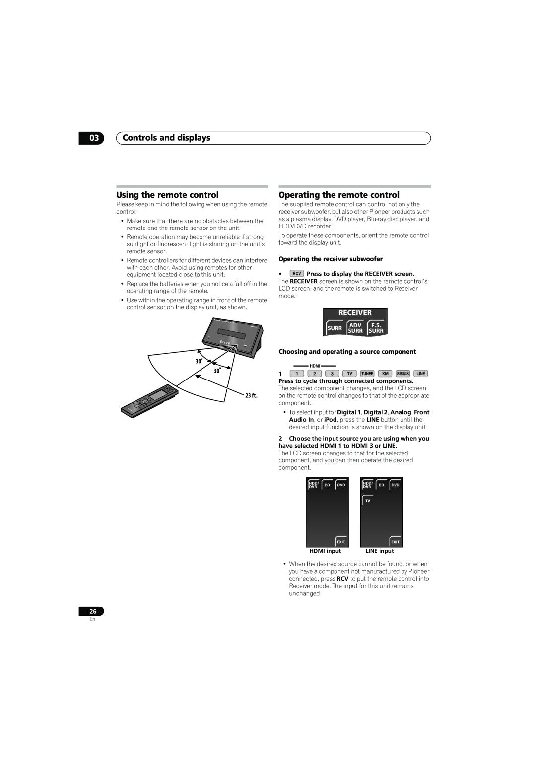 Pioneer SX-LX70SW Controls and displays Using the remote control, Operating the remote control, 23 ft 