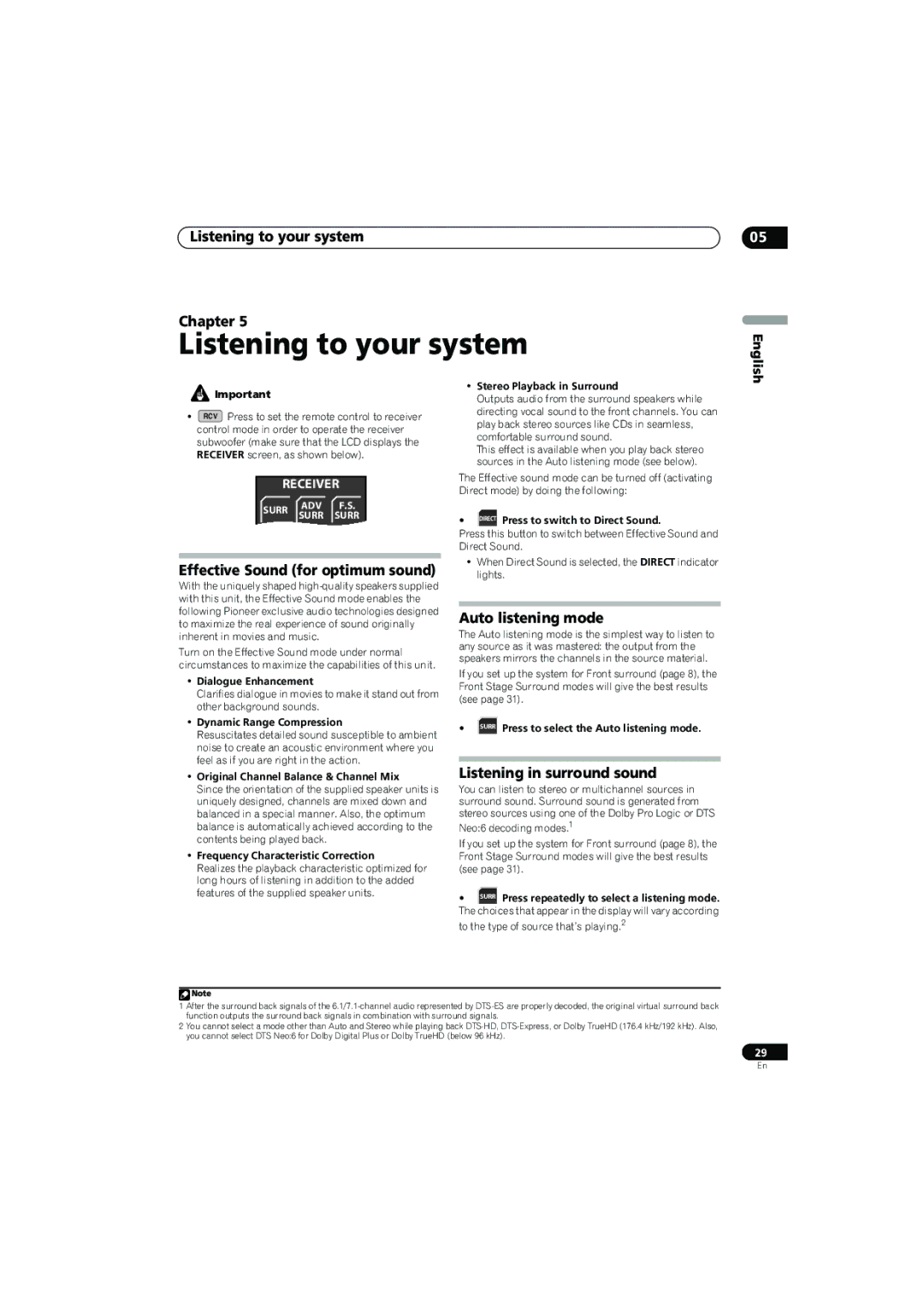 Pioneer SX-LX70SW Listening to your system Chapter, Effective Sound for optimum sound, Auto listening mode 