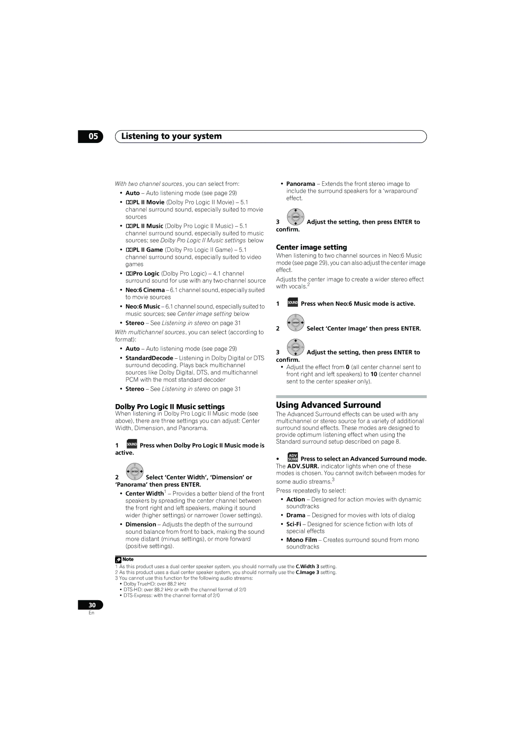 Pioneer SX-LX70SW operating instructions Listening to your system, Using Advanced Surround, Center image setting 