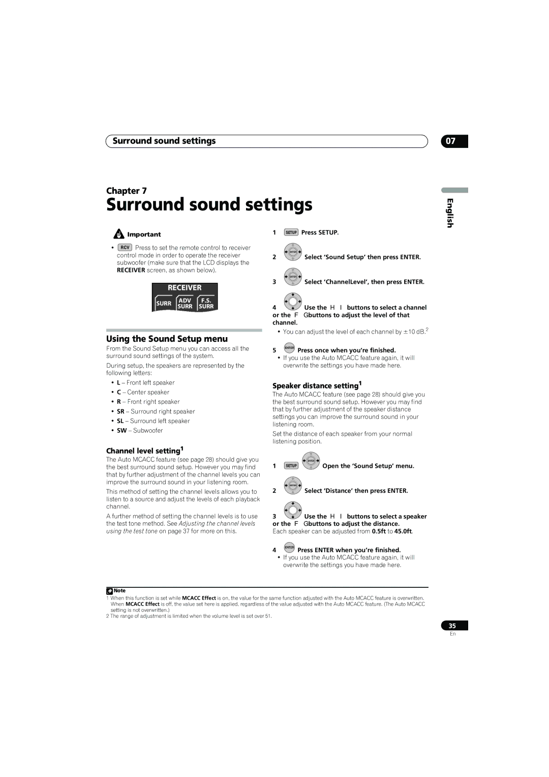 Pioneer SX-LX70SW Surround sound settings Chapter, Using the Sound Setup menu, Channel level setting1 