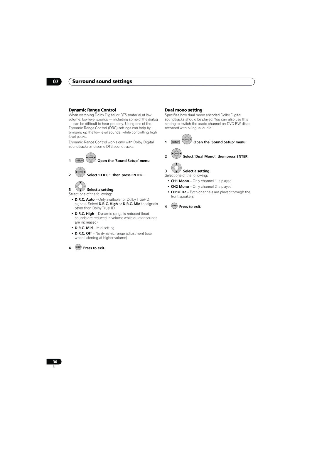 Pioneer SX-LX70SW operating instructions Surround sound settings, Dynamic Range Control, Dual mono setting 