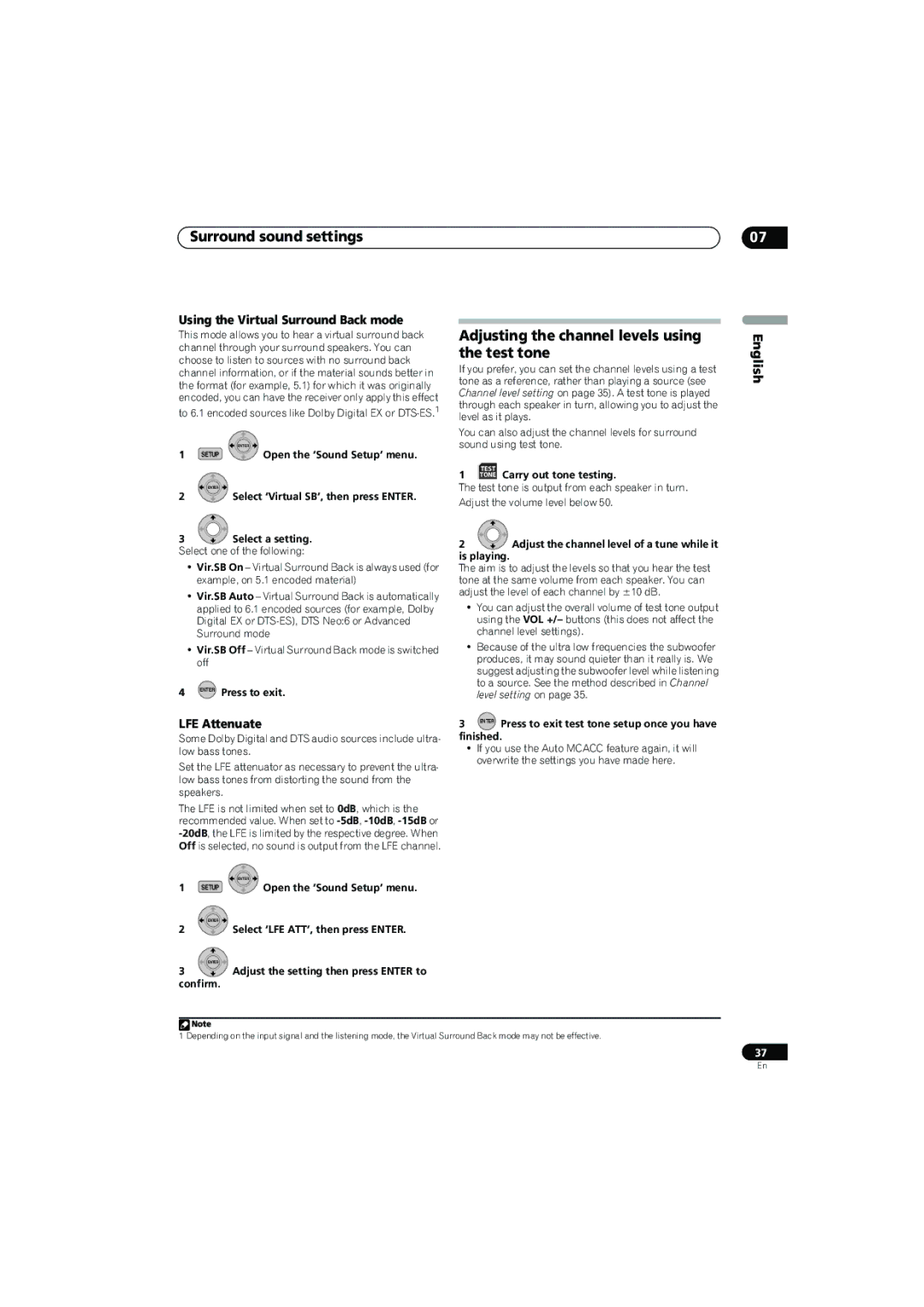 Pioneer SX-LX70SW Adjusting the channel levels using the test tone, Using the Virtual Surround Back mode, LFE Attenuate 