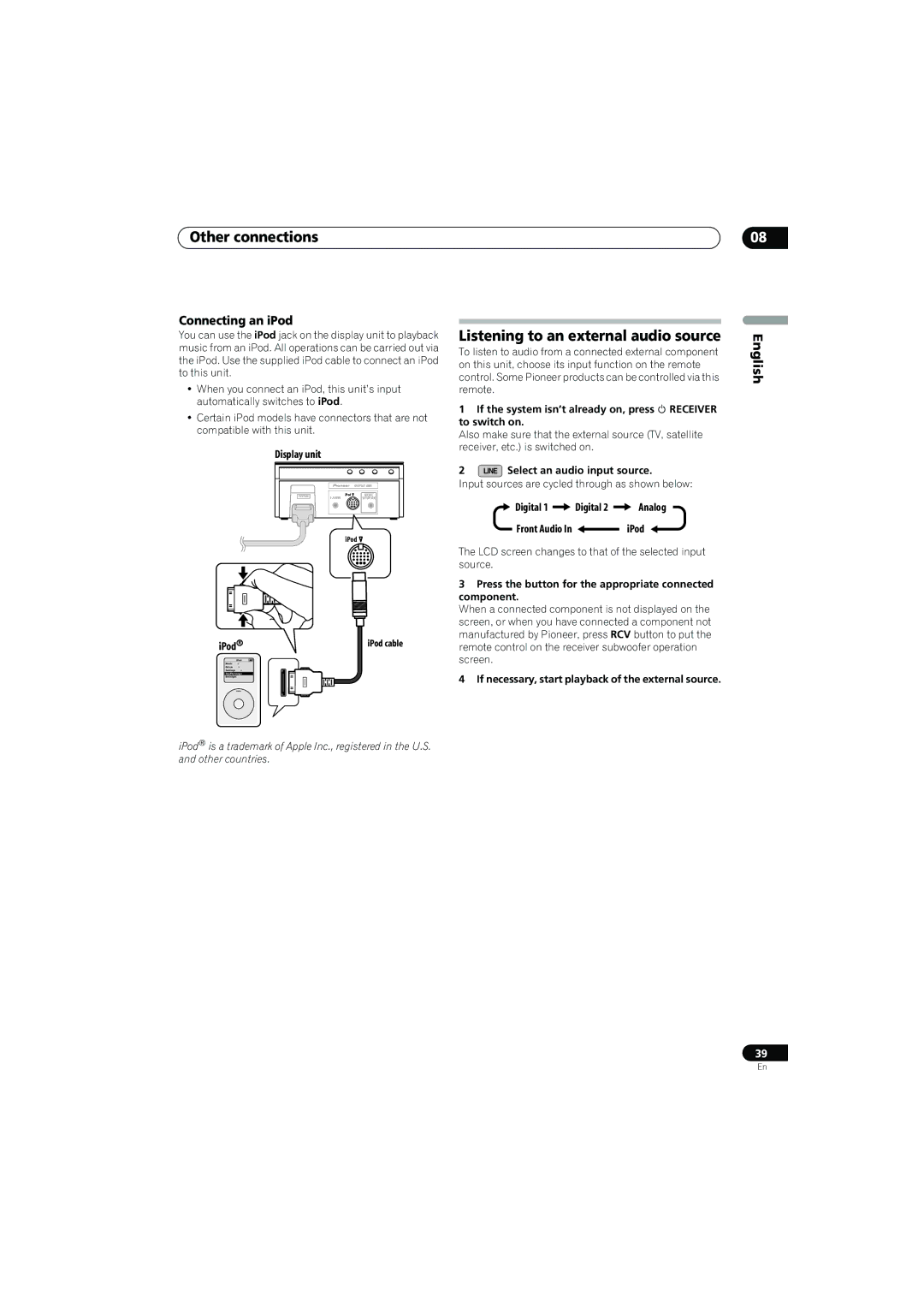 Pioneer SX-LX70SW operating instructions Other connections, Listening to an external audio source, Connecting an iPod 