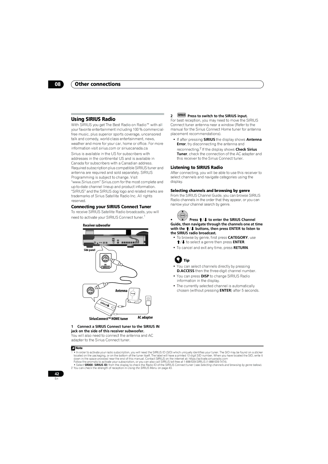 Pioneer SX-LX70SW Other connections Using Sirius Radio, Connecting your Sirius Connect Tuner, Listening to Sirius Radio 