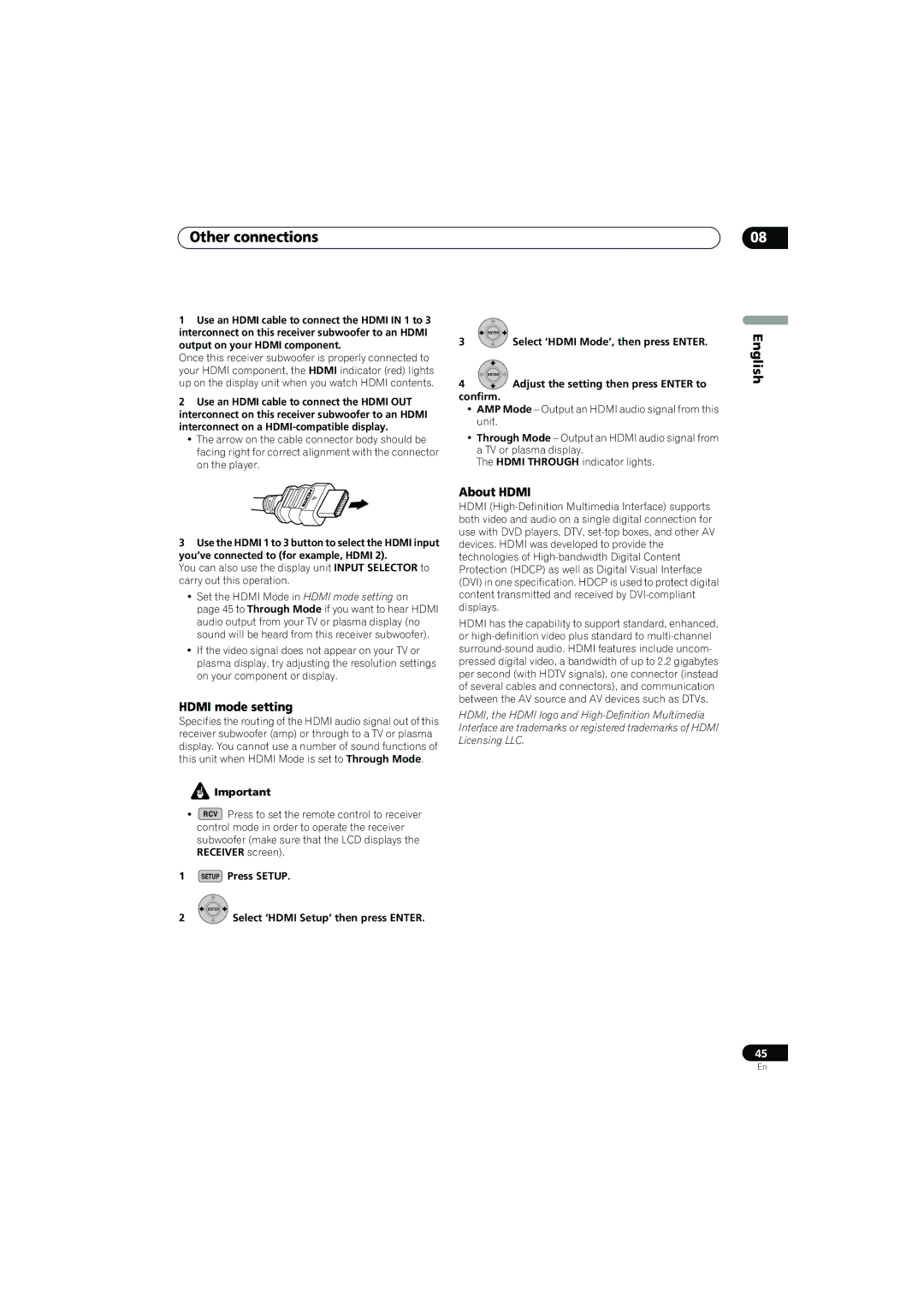 Pioneer SX-LX70SW operating instructions Hdmi mode setting, About Hdmi, Receiver screen 