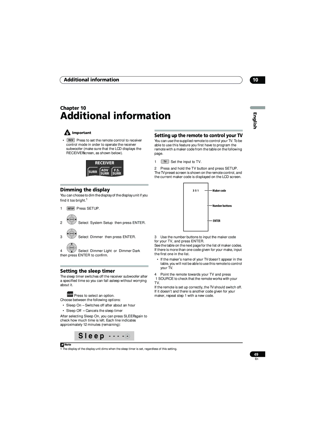 Pioneer SX-LX70SW operating instructions Additional information Chapter, Dimming the display, Setting the sleep timer 