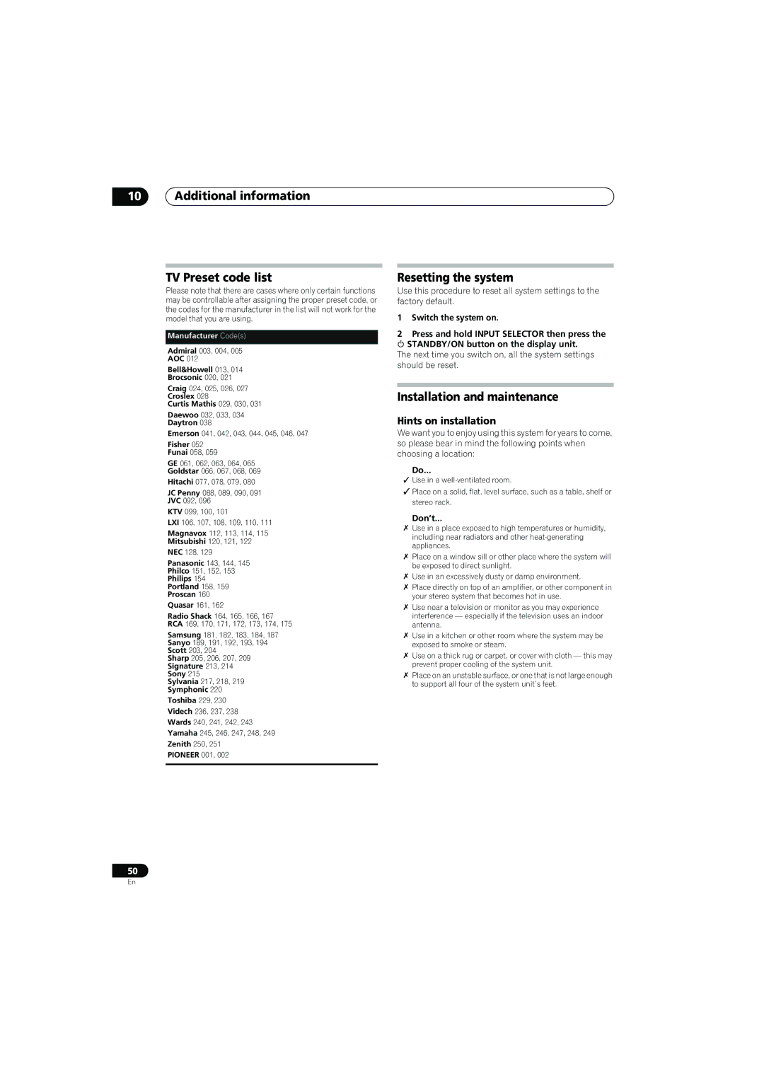 Pioneer SX-LX70SW Additional information TV Preset code list, Resetting the system, Installation and maintenance, Don’t 